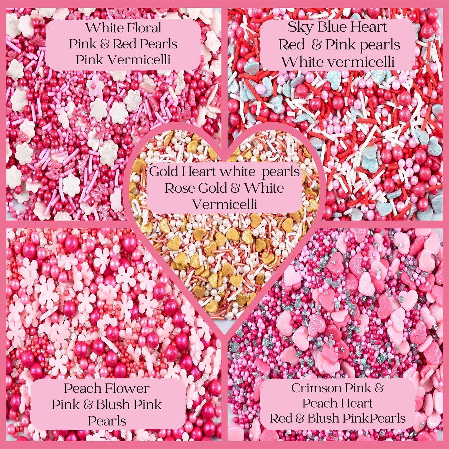 Pretty In Pink, Gold & White Pearl Sprinkles Mix - Edible Heart Sprinkles For Cakes, Cupcakes, Cookies - Spring, Birthday & Baki