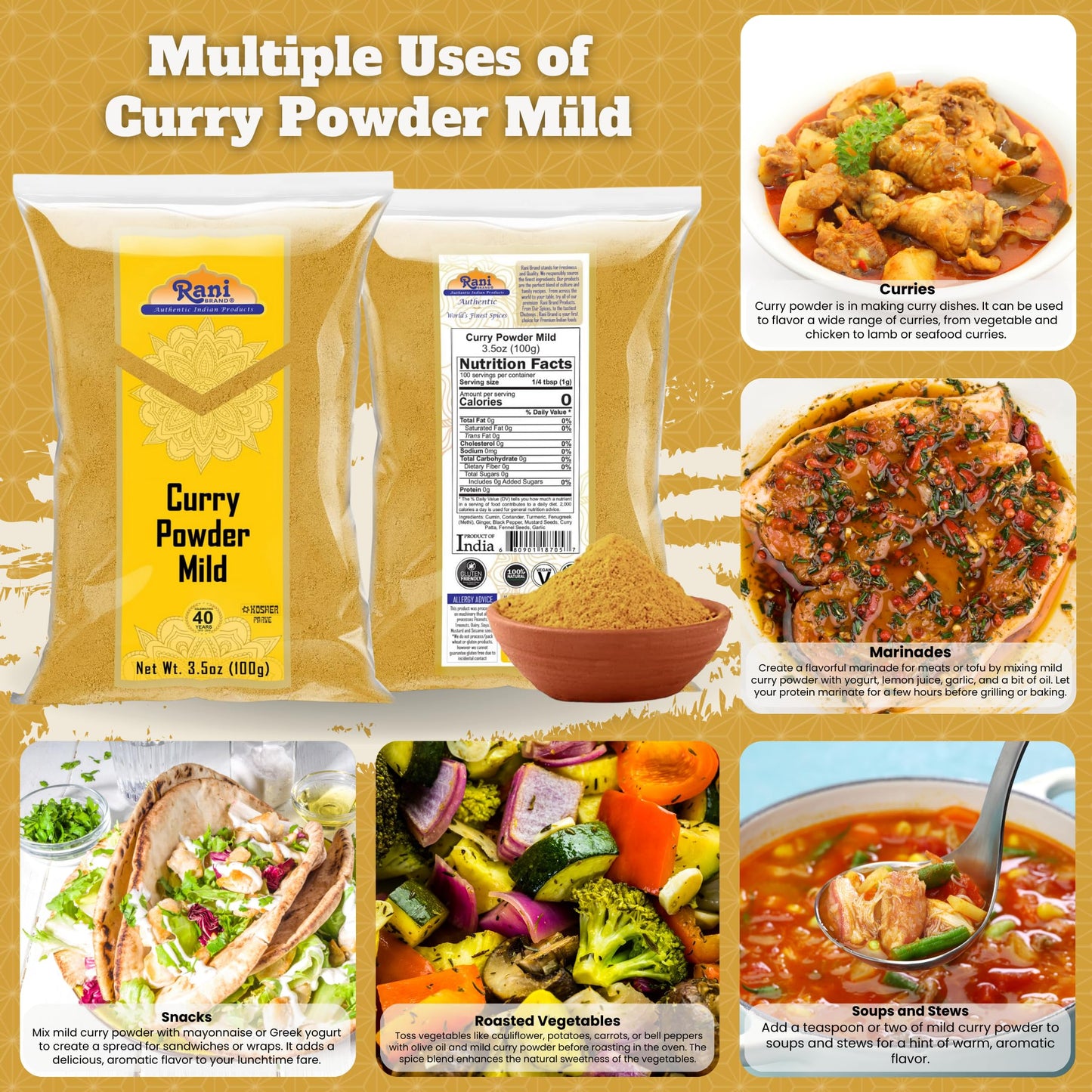 Rani Curry Powder Mild (10-Spice Authentic Indian Blend) 3.5Oz (100G) ~ All Natural | Salt-Free | No Chili Or Peppers | Vegan |