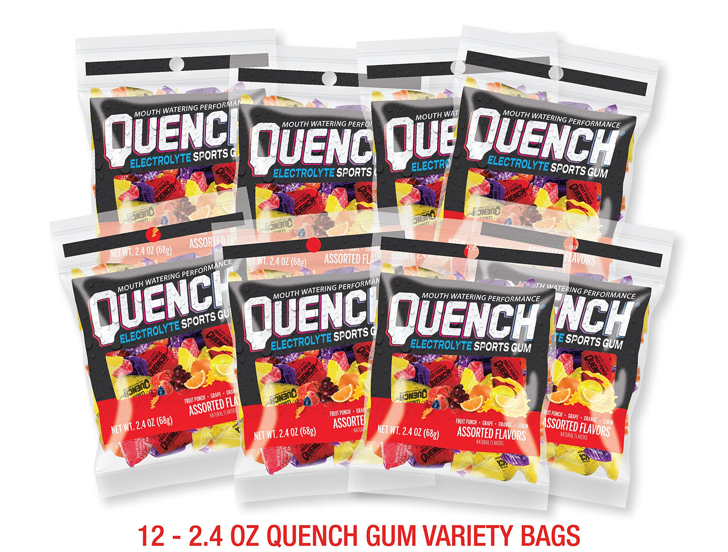 Quench Gum Variety Bag, Electrolytes Chewing Gum For Athletes And Sports Trainers, New Assorted Fruity Flavors, 12 Packs With 15