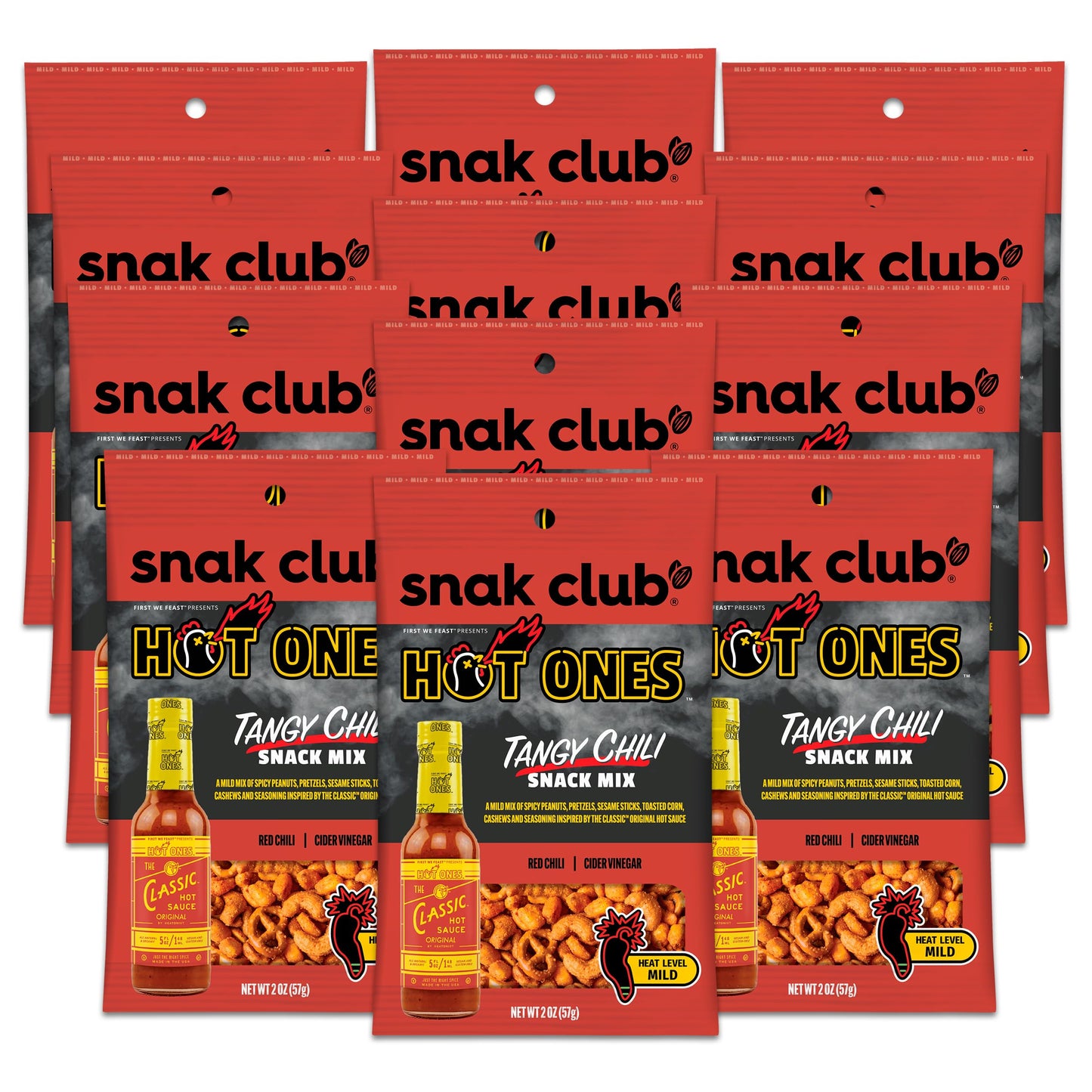 Snak Club Tangy Chili Snack Mix, Mild Spicy Snacks with Peanuts & Pretzels, 2 oz Bag (12 Count)