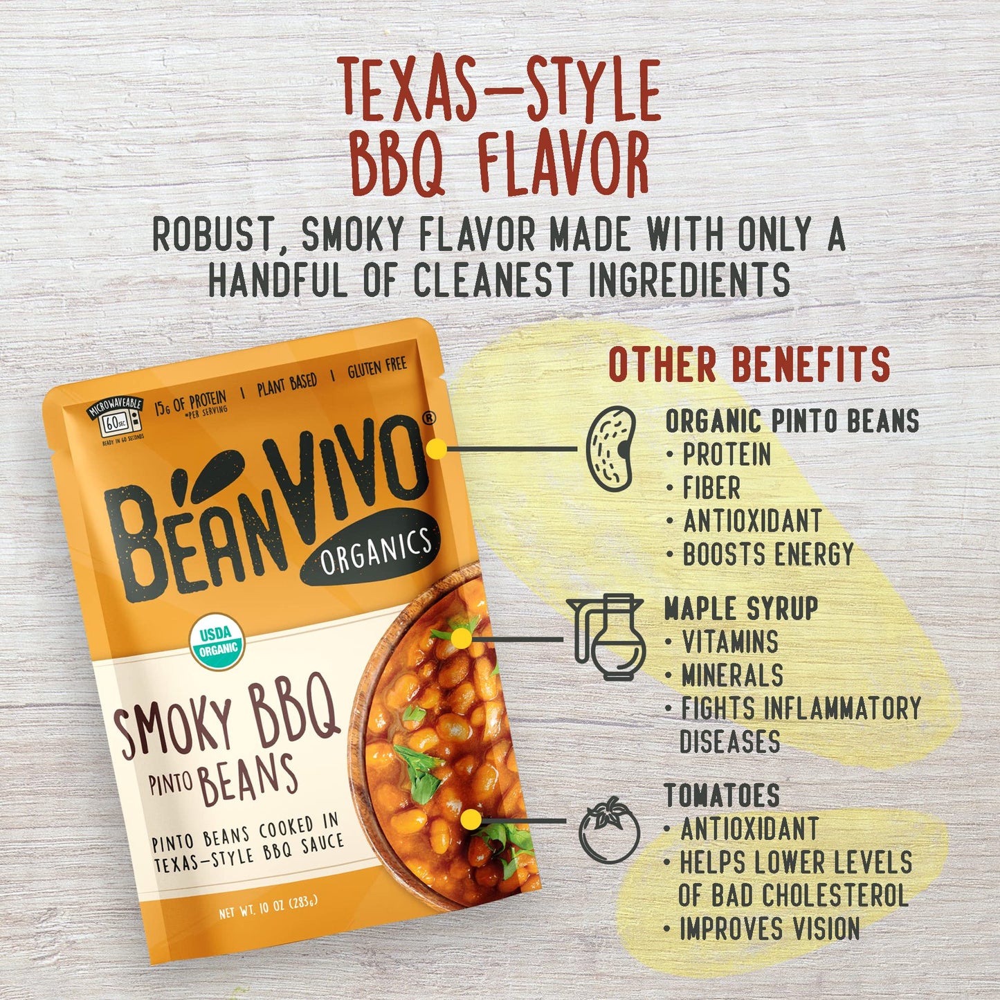 BeanVIVO (Pack of 6) Organics 15g Plant based Protein BBQ Pinto Beans - Good Source of Fiber - Nutritious & Microwave Meals - Gl
