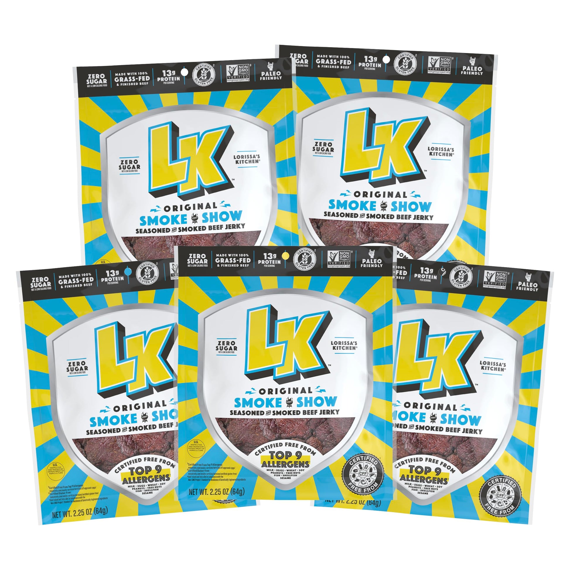 Lorissas Kitchen Beef Jerky Snacks, Original Smoked Flavor, 13g Protein, Gluten-Free, Non-GMO, 2.25 oz (Pack of 5)