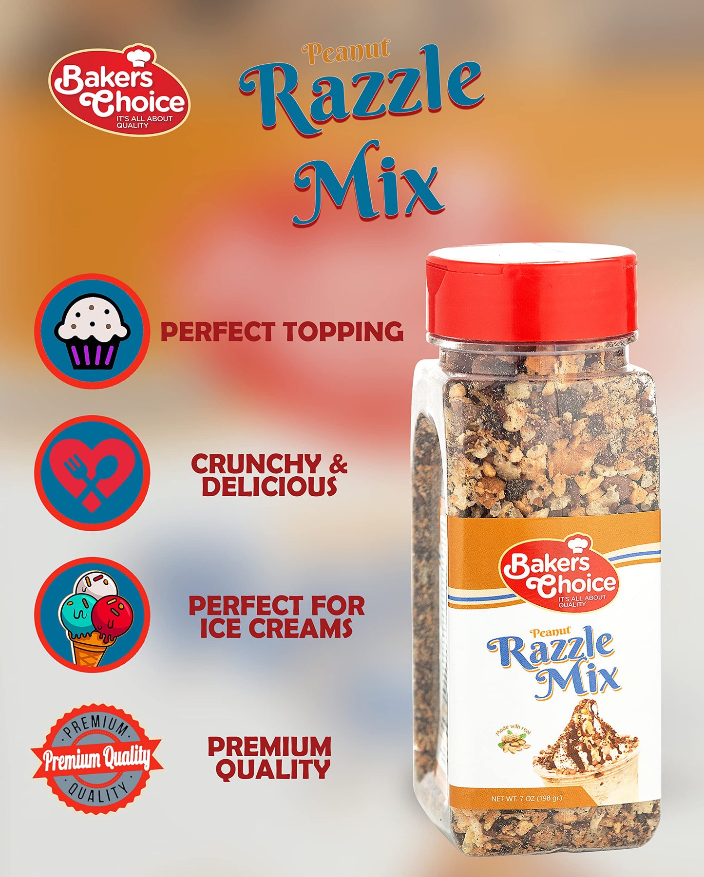 Peanut Razzle Crunch Topping - Chocolate, Caramel, Butterscotch And Peanut Mix - Sprinkles For Ice Cream Sundae Toppings - 7 Oz. - Dairy Free, Kosher - Baker’S Choice
