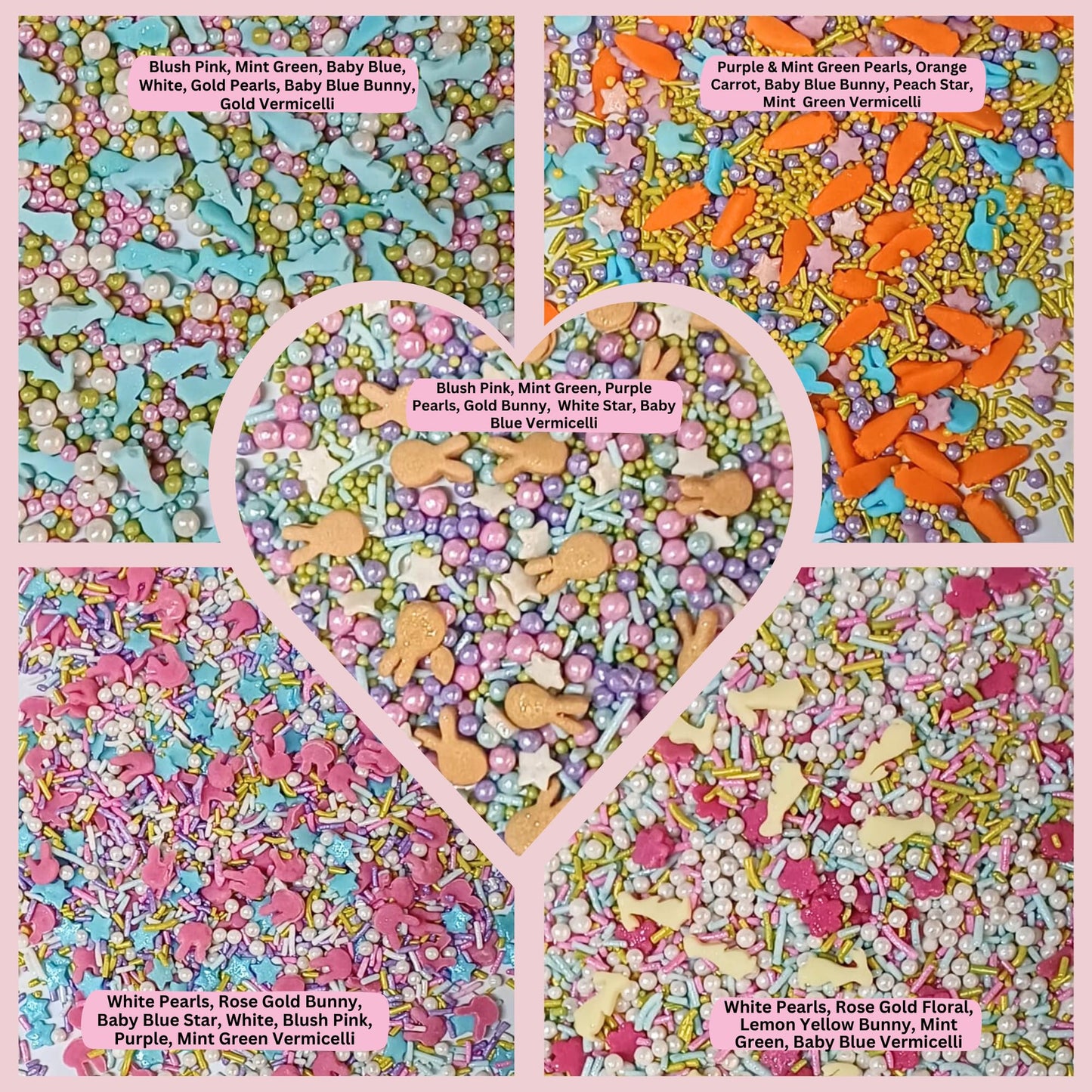 Confect Easter Sprinkles Edible | Assorted Pack Of 5 White, Sky Blue, Pink, Yellow, Pearls, Easter Bunny & Vermicelli I Cookies,