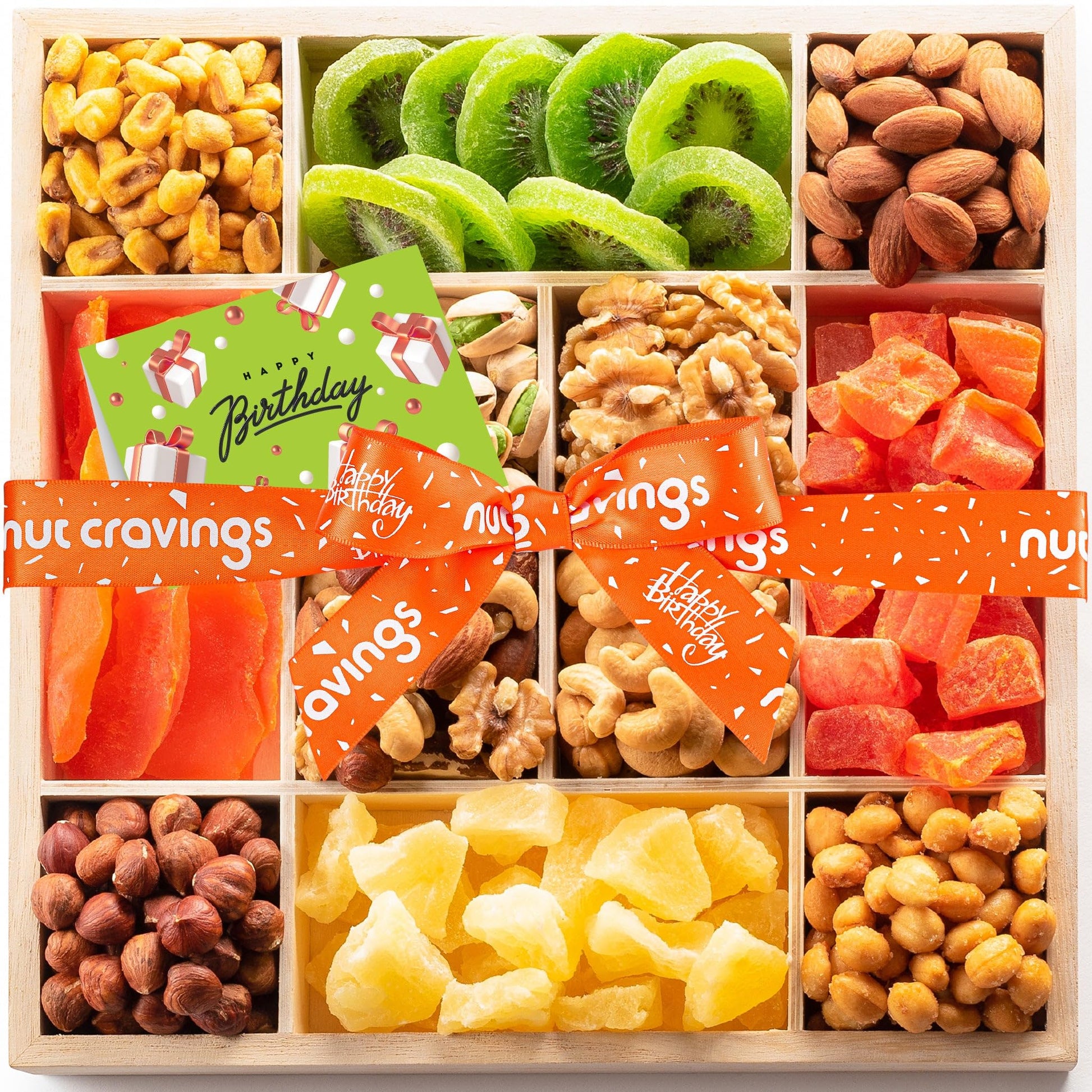 NUT CRAVINGS Gourmet Collection - Happy Birthday Treats, Dried Fruit & Mixed Nuts Gift Basket with Bday Ribbon in Reusable Woode