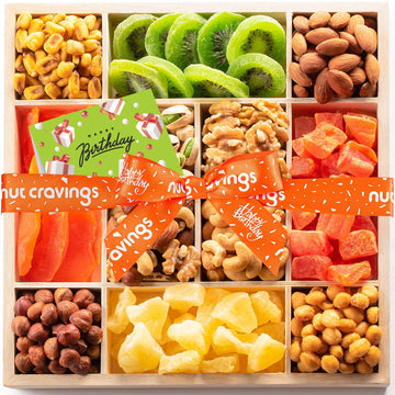 NUT CRAVINGS Gourmet Collection - Happy Birthday Treats, Dried Fruit & Mixed Nuts Gift Basket with Bday Ribbon in Reusable Woode