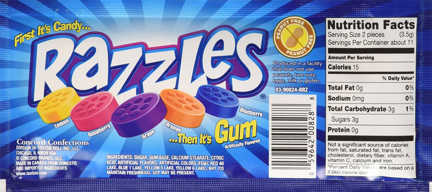 Original Razzles Candy/Gum, Box Of 24 1.4-Ounce Bags