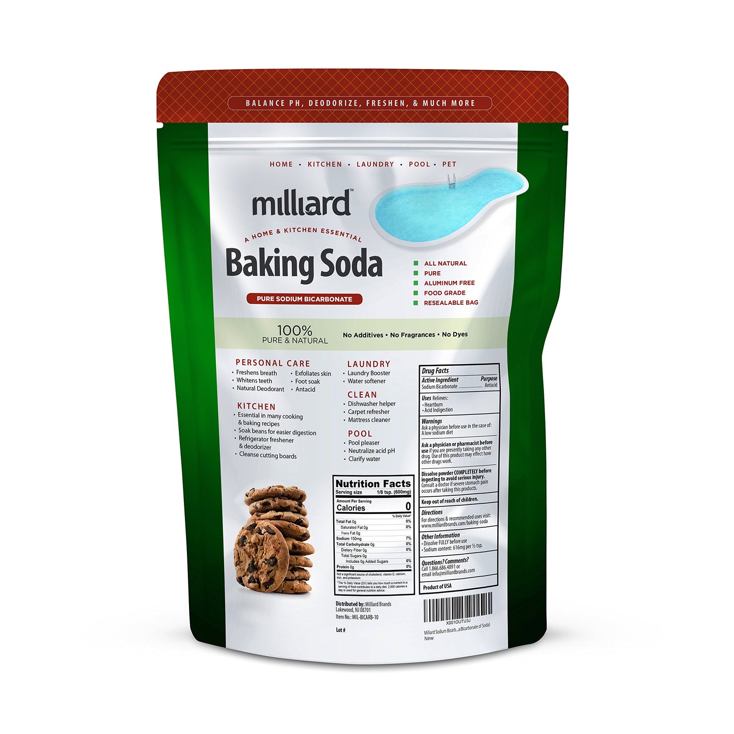 Milliard Baking Soda USP - 10lbs Bulk Resealable Bag, 160 Ounce