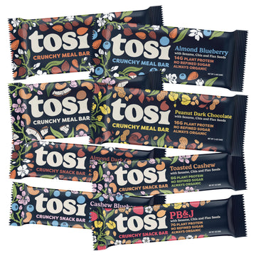 Tosi Variety Pack Protein Bars, Plant Based with Nuts, Gluten-Free Crunchy Snacks, Vegan, Organic, Flax & Chia Seeds, Soy-Free, 