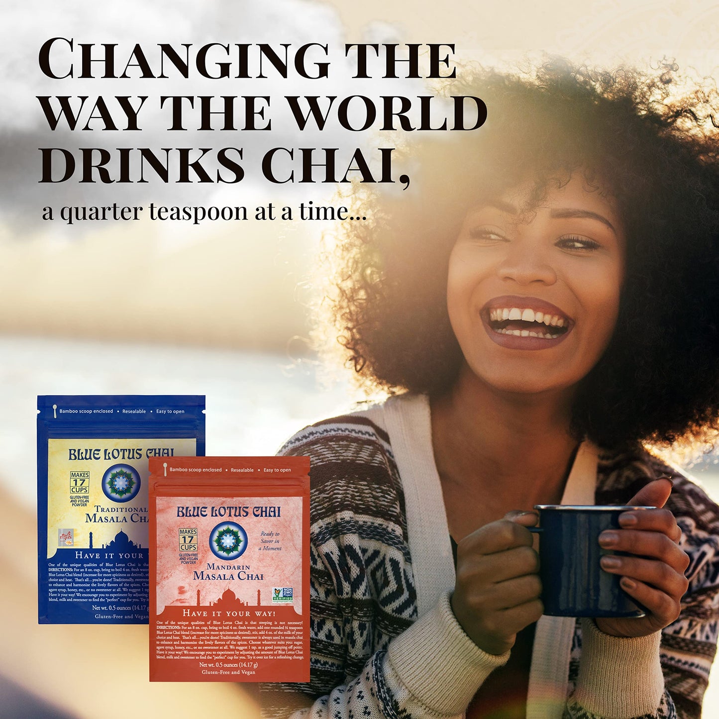 Blue Lotus Chai - Golden Masala Flavor Chai - Makes 17 Cups - 0.5 Ounce Masala Spiced Chai Powder With Organic Spices - Instant
