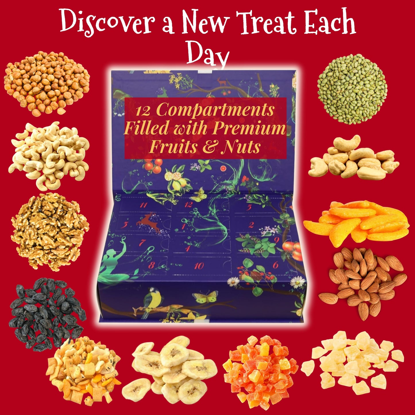12-Day Advent Calendar With Dried Fruit & Nuts, Healthy Holiday Snack Gift Box, Gourmet Nut & Fruit Sampler, Christmas Countdown Treat For Mature-Themeds, Kids & Families