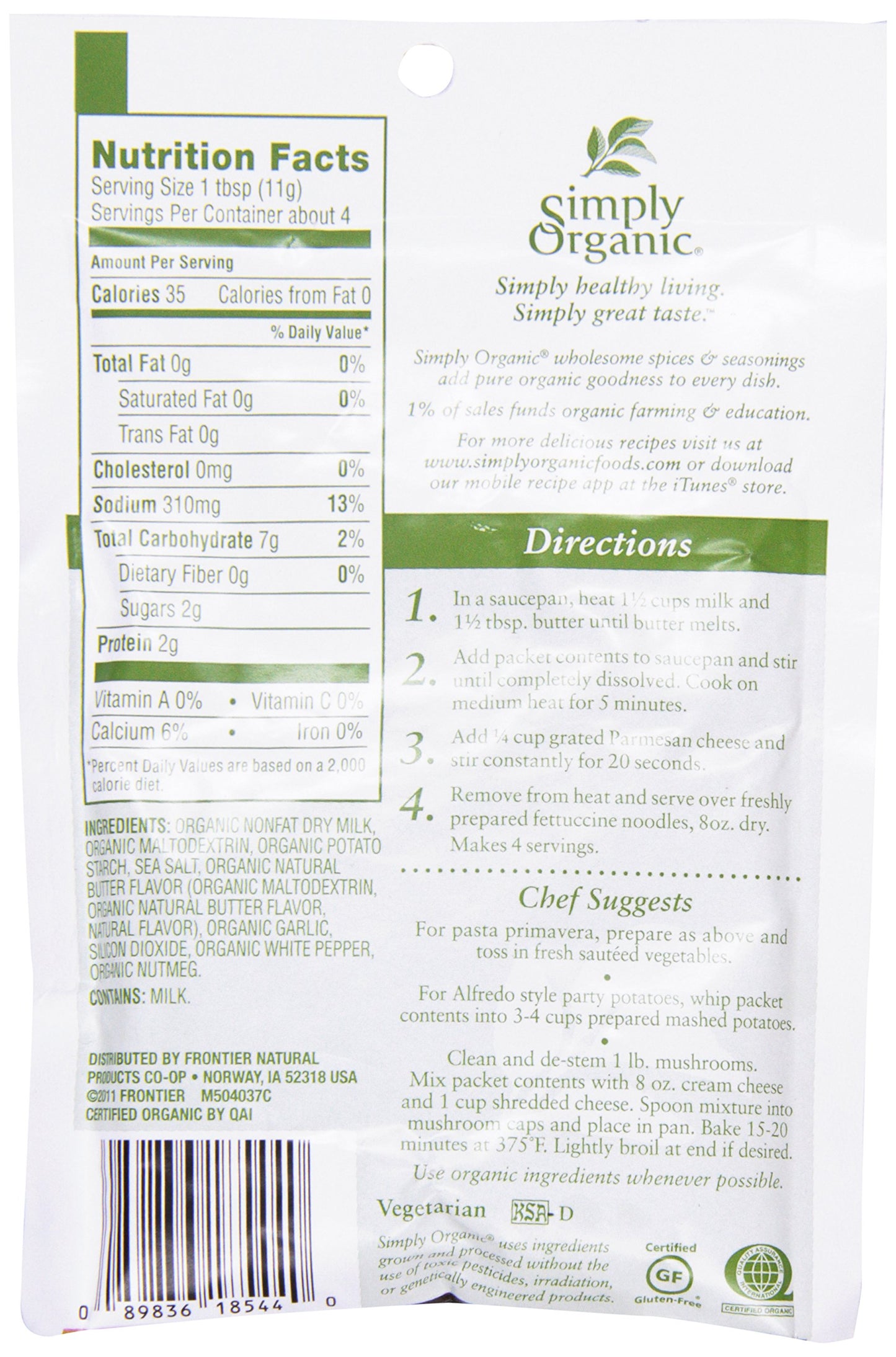 Simply Organic Alfredo Sauce Mix, Certified Organic, Gluten-Free | 1.48 oz