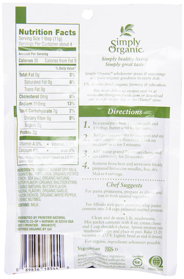 Simply Organic Alfredo Sauce Mix, Certified Organic, Gluten-Free | 1.48 oz