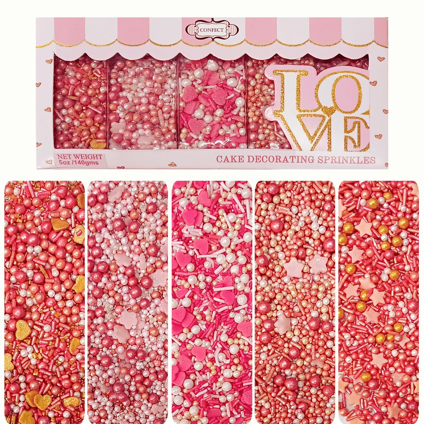 Confect Pink, White & Gold Heart & Flower Sprinkles Mix - Edible Sprinkles for Baking, Cake & Cupcake Decorations - Valentines D
