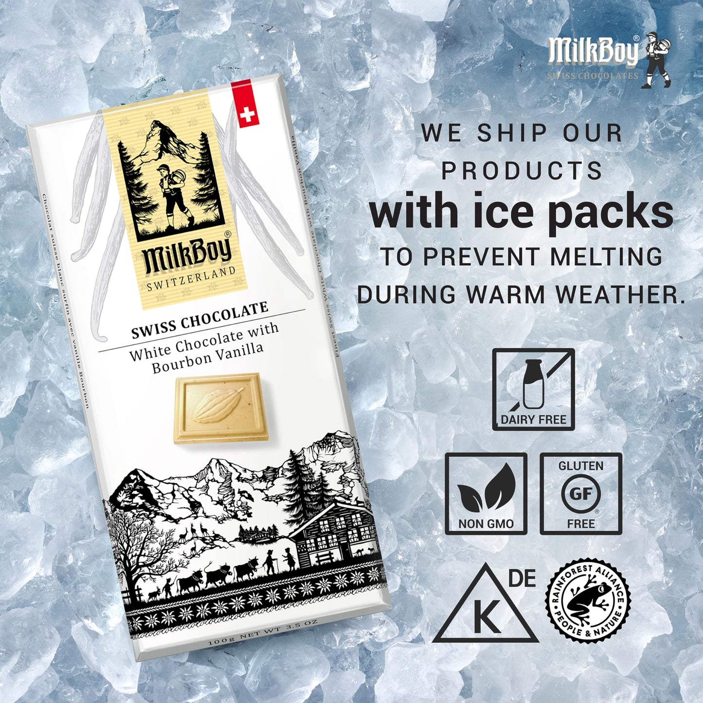 Milkboy Swiss White Chocolate Bars - Gourmet spirit-inspired flavor Vanilla - Gluten Free, Non-GMO, Kosher - 3.5oz (Pack of 4)