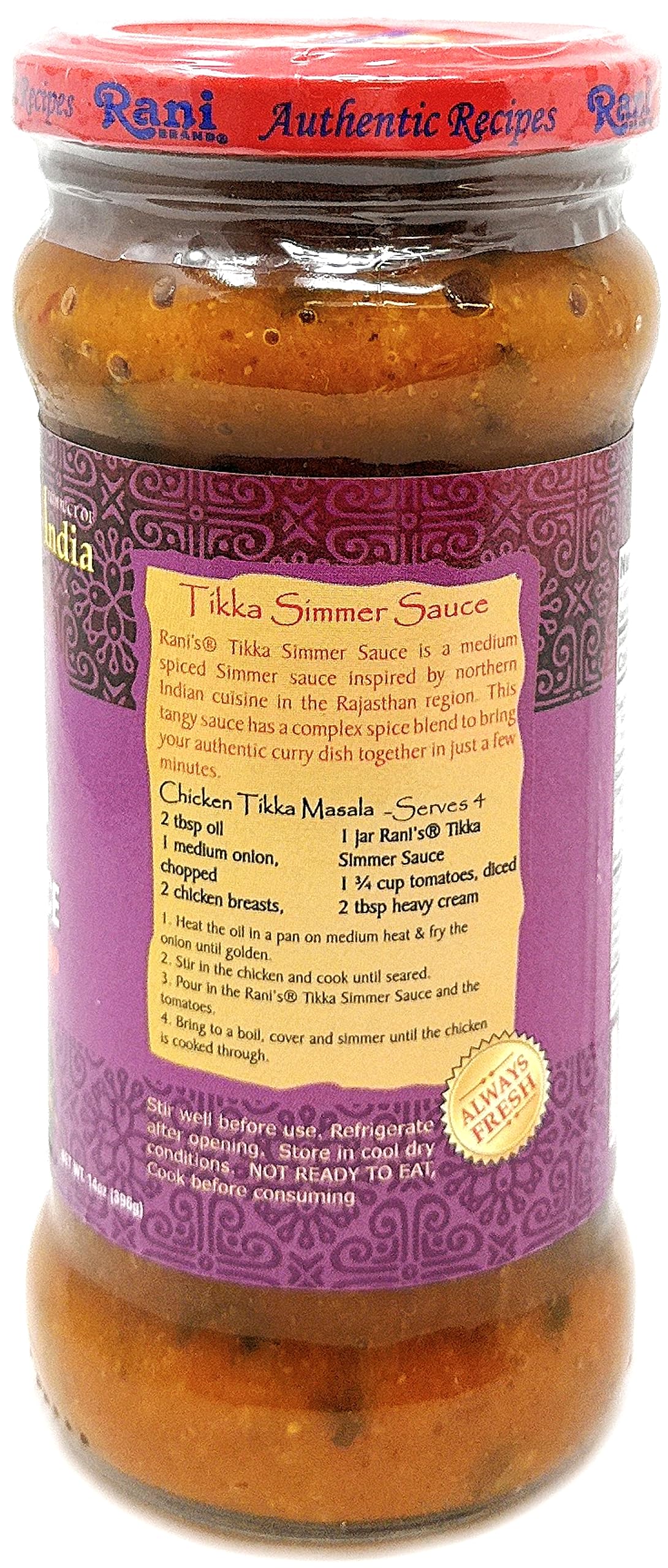 Rani Tikka Vegan Simmer Sauce, Creamy Tomato & Onion, 14oz Glass Jar, All Natural, Vegan, Gluten Free, Non-GMO