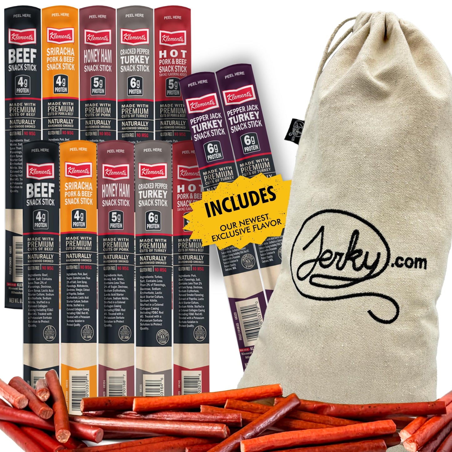 Jerky.Com Jerky Gift Basket For Men | 12 Piece Meat Sticks Sampler With Pork, Ham, Sriracha, Turkey, Beef Sticks Variety Pack | High Protein, Low Carb, Keto Friendly Christmas Gifts | Beef Jerky Gifts For Men