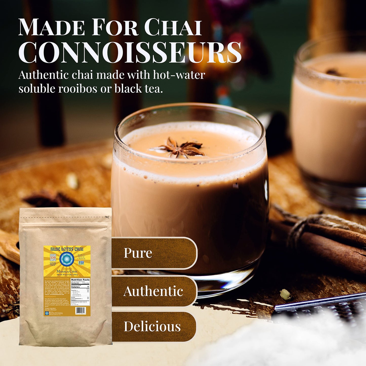 Blue Lotus Chai - Golden Masala Chai - Makes 530 Cups - 1 Pound Bulk Bag Masala Spiced Chai Powder With Organic Spices - Instant
