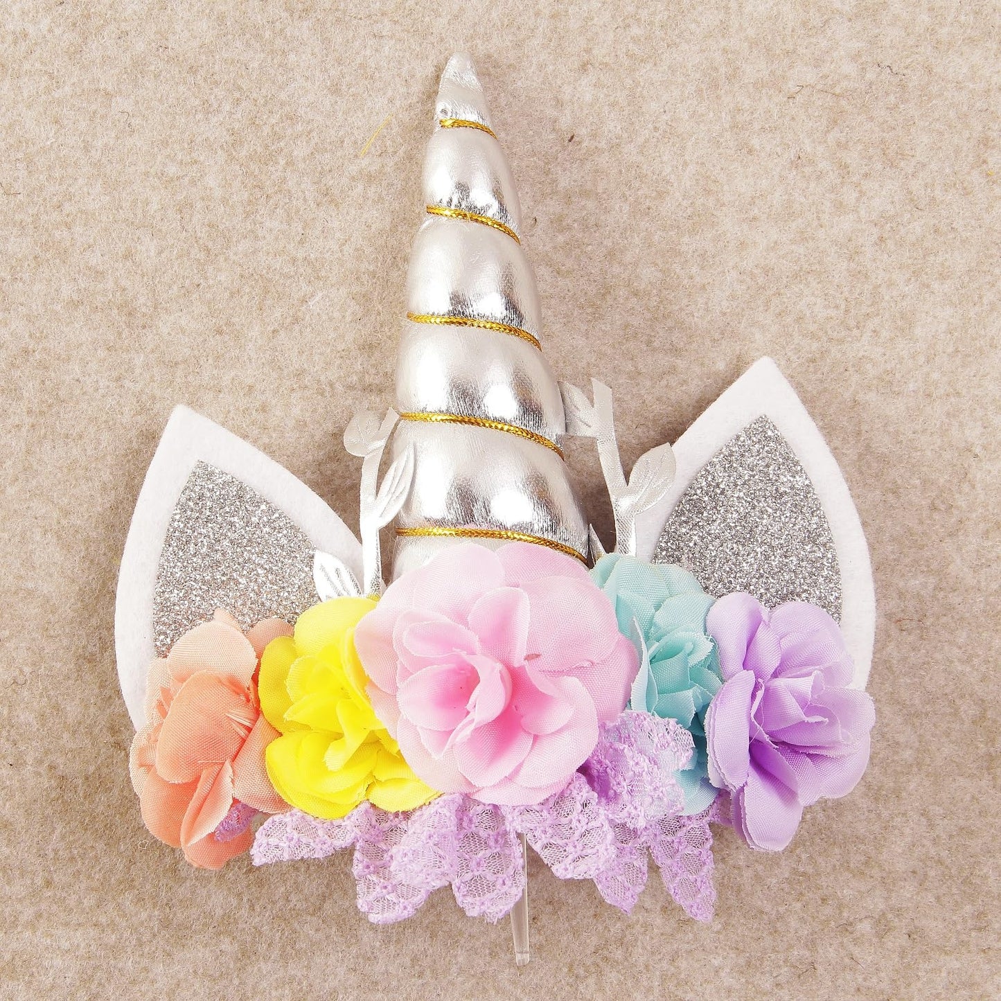 Nishine Rose Floral Unicorn Cake Topper Birthday Party Cake Decoration (Silver&Pink)