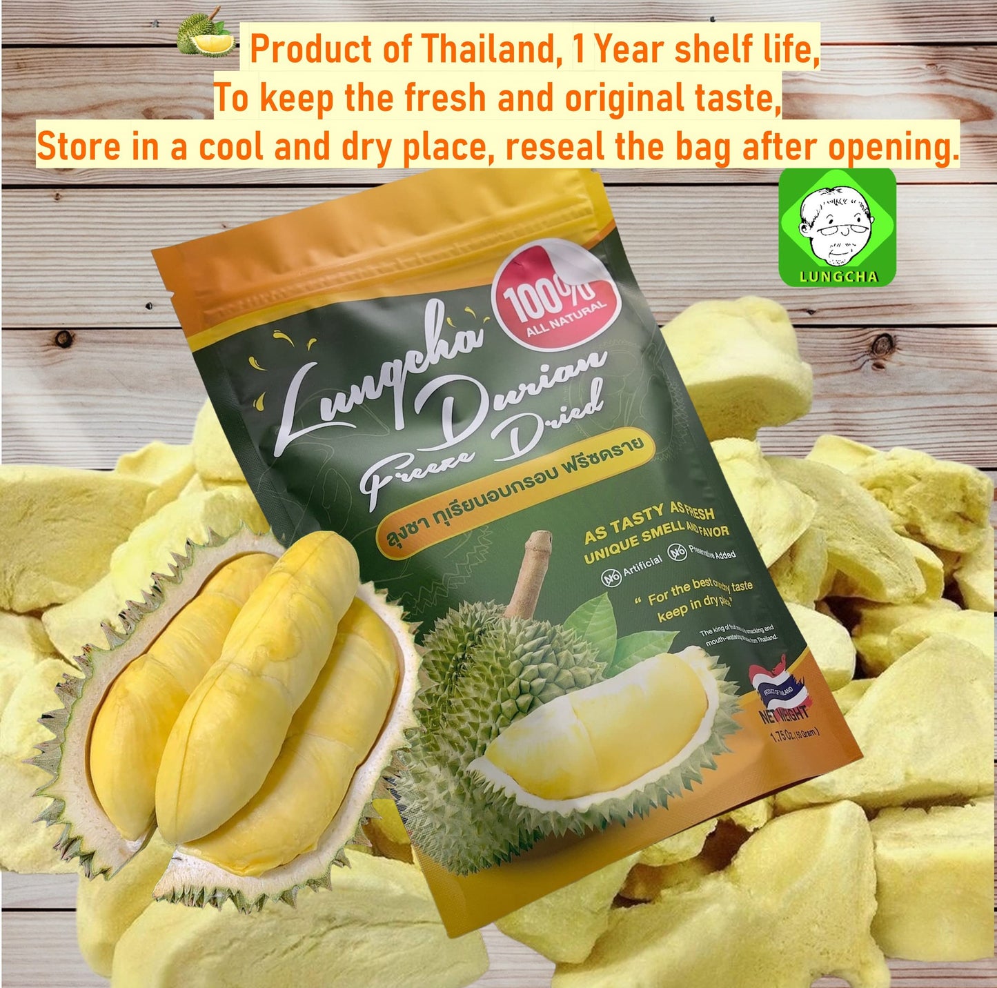 Durian King Of Fruit Vacuum Freeze Dried Fresh Durian Monthong Made From Real Fruit 50 Gram Or 1.75 Ounce Pack Of 2