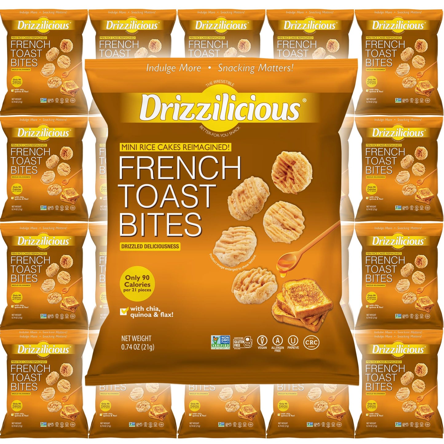 Drizzilicious Mini Rice Cakes French Toast - Rice Crisps  Healthy Snack for mature-themeds and Kids  Flavored Rice Cakes  Vegan  Gluten Free  Allergen Free  Only 90 Calories Per Bag - .74 oz (Pack of 20)