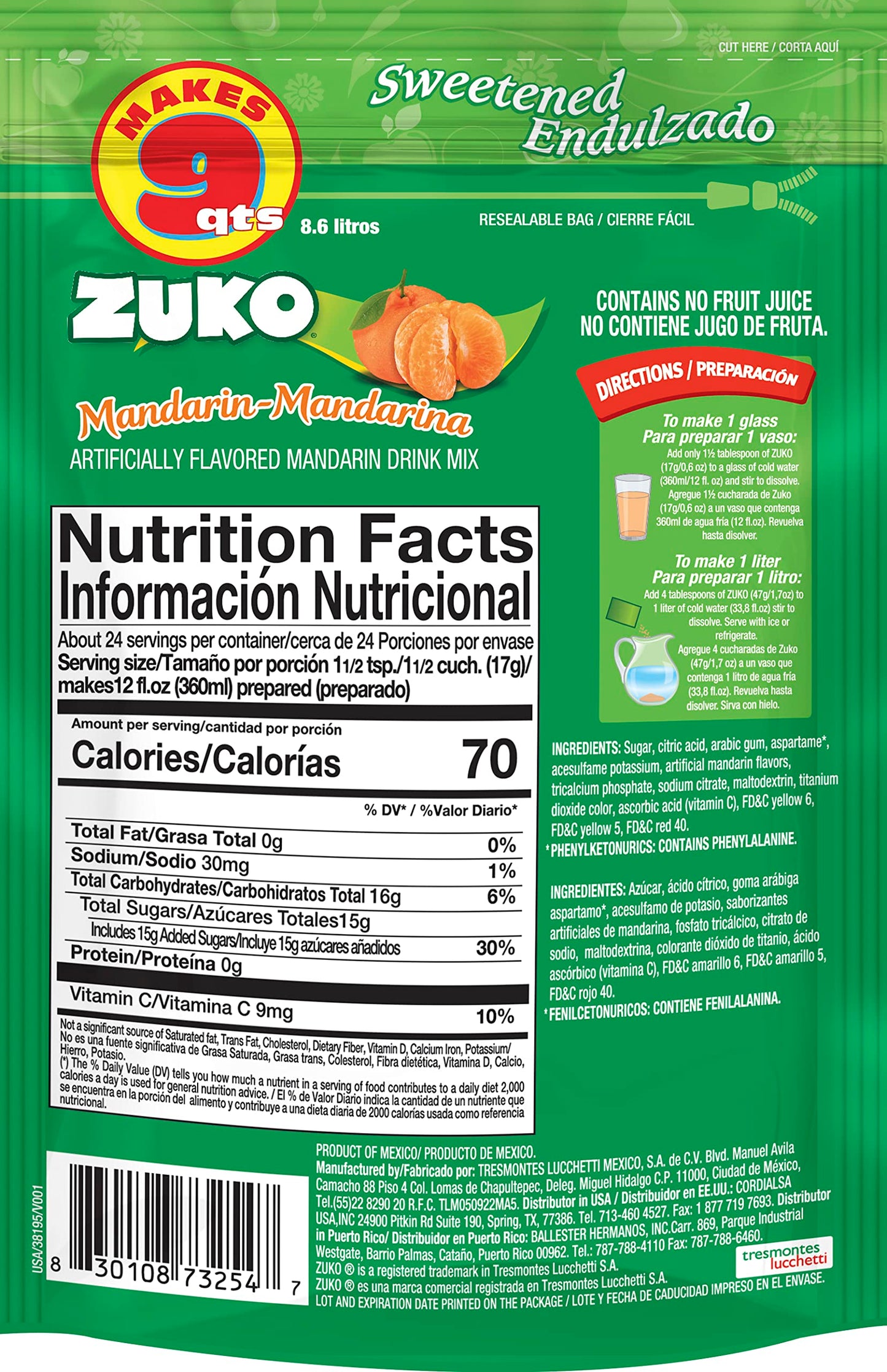 ZUKO Mandarin Instant Powder Drink | Family Pack | No Sugar Needed | Vitamin C | 14.1 Ounce (Pack of 6)