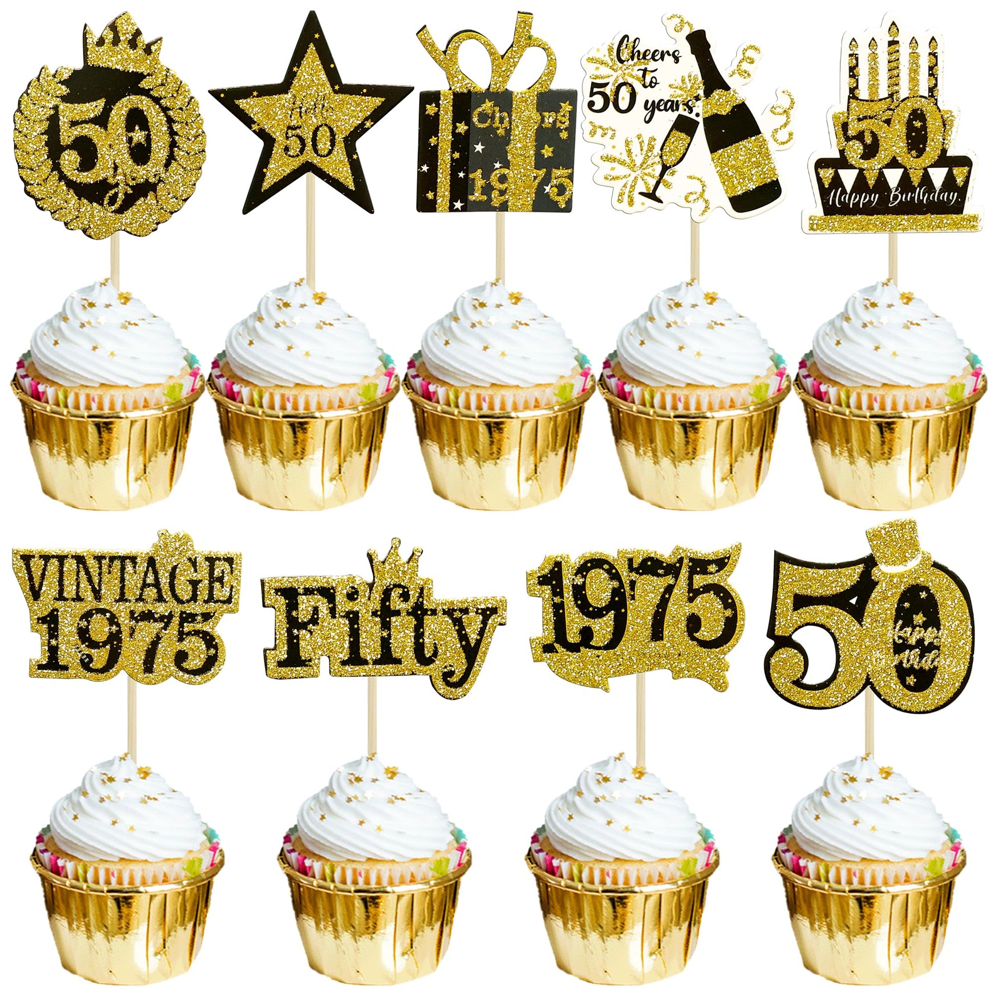 Gyufise 36Pcs Happy 50th Birthday Cupcake Toppers Glitter Black Gold Fifty Hello 50 Vintage 1975 Cupcake Picks Cheers to 50 Year