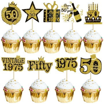 Gyufise 36Pcs Happy 50th Birthday Cupcake Toppers Glitter Black Gold Fifty Hello 50 Vintage 1975 Cupcake Picks Cheers to 50 Year