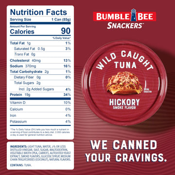 Bumble Bee Snackers - Hickory Smoke Tuna  3 oz Easy Open Can - 19g Protein per Serving - Wild Caught Skipjack Chunk Light Tuna Pack - No Draining  Ready to Eat (Pack of 16)