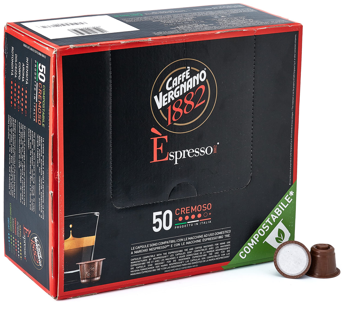 Caffe Vergnano 1882 Espresso compact pieces, Arabica Robusta, Intensity 6/10, 50 Ct, Compatible with Nespresso Machines