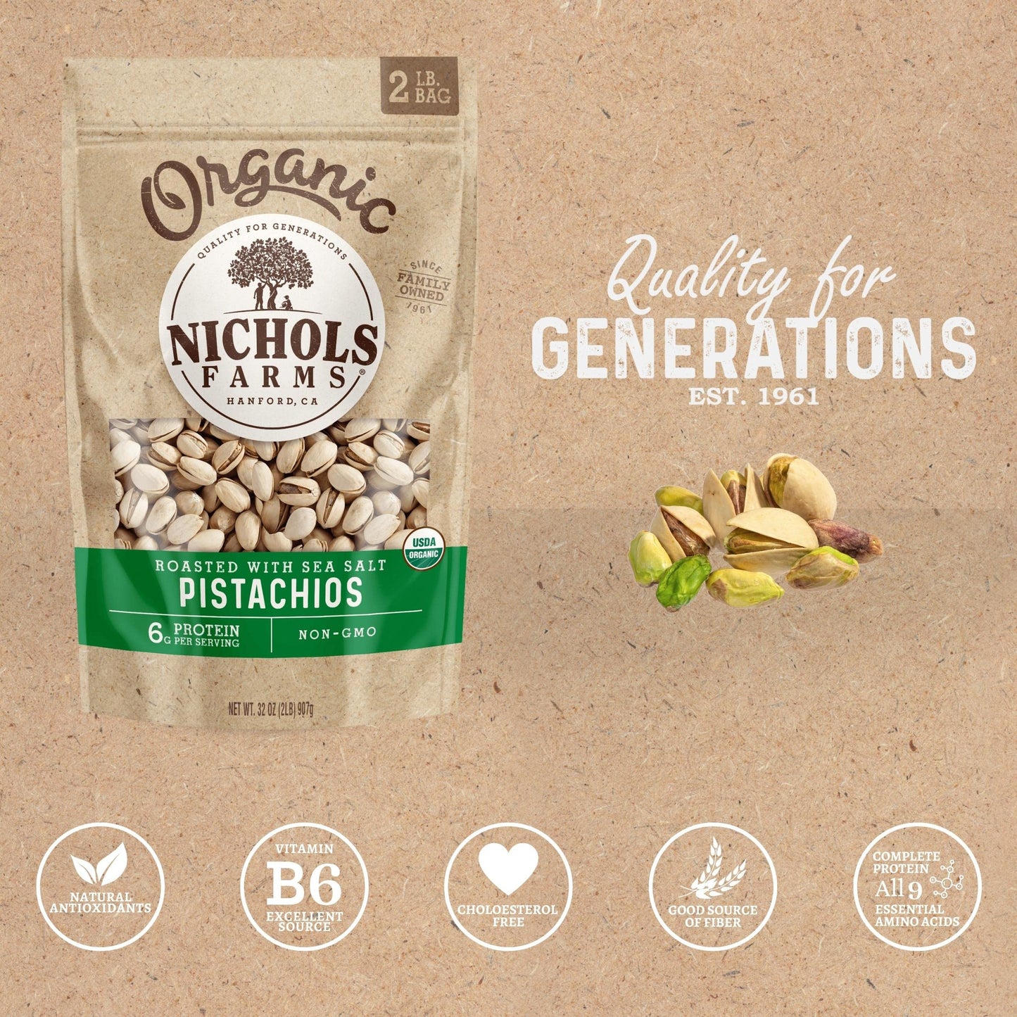 Nichols Farms Organic Roasted Salted Pistachios, 32-Ounce Bag