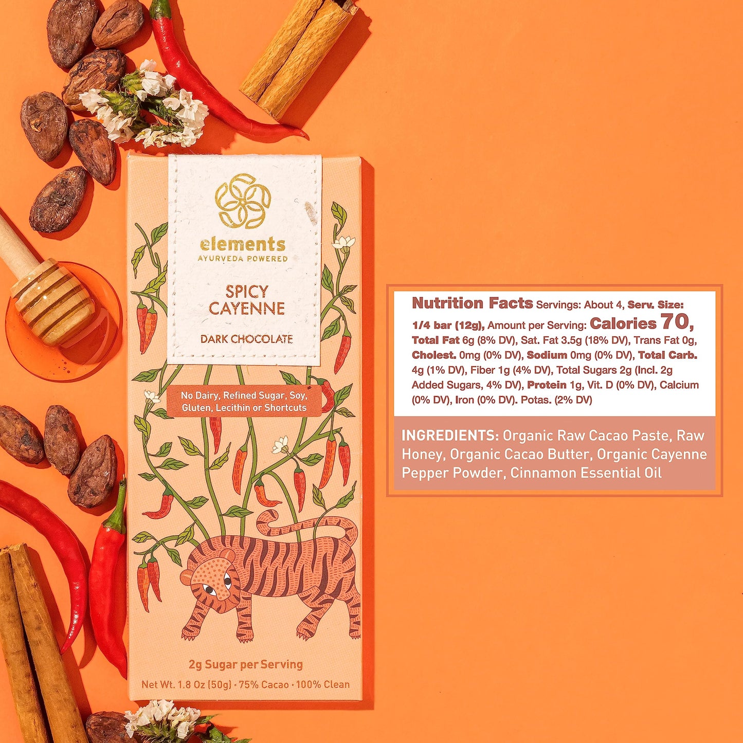 Elements Truffles Spicy Cayenne Chocolate Bar W/Cinnamon - Heavy Metal Tested-Dairy Free Chocolate Bars - Paleo, Gluten Free, No