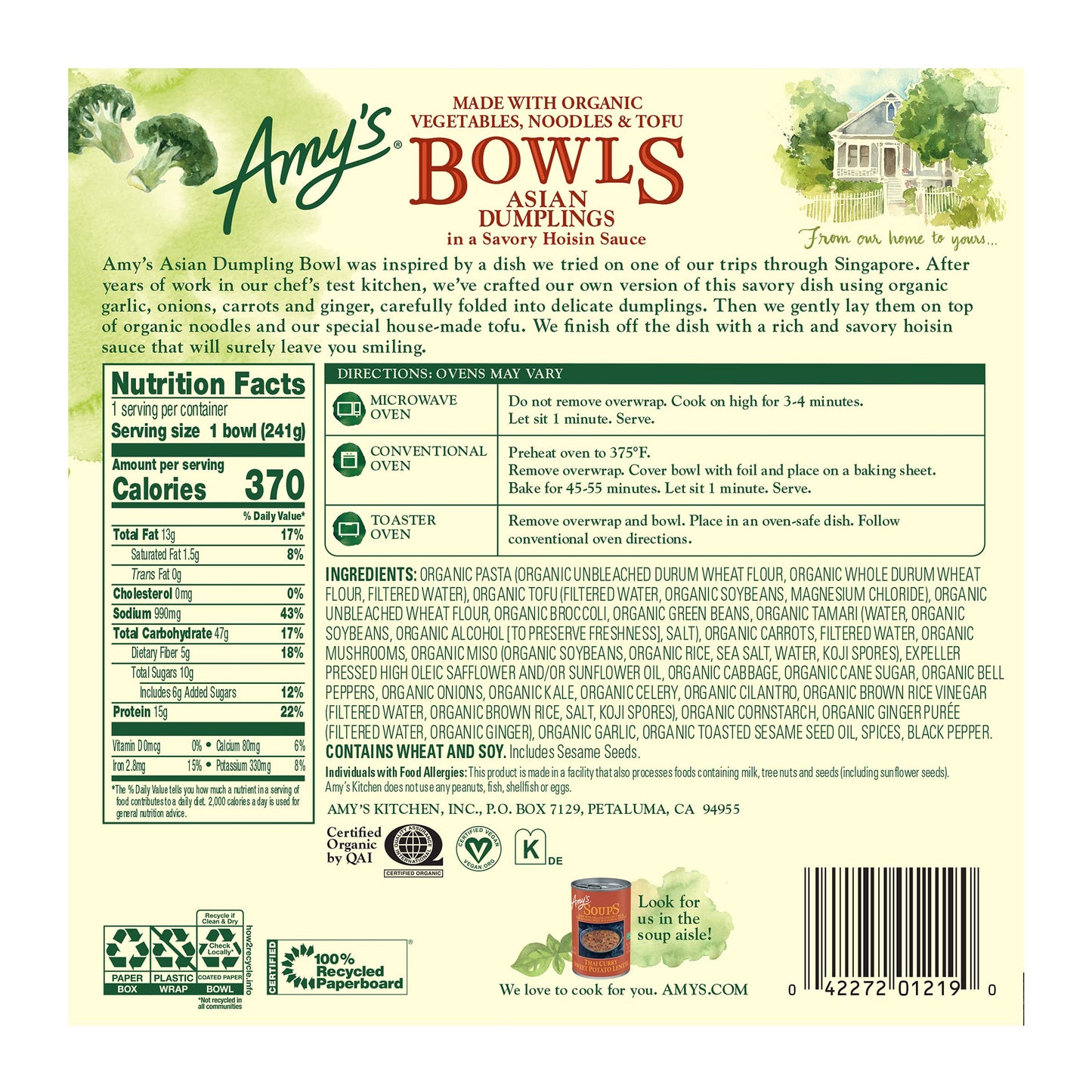 Amys Frozen Bowls, Asian Dumplings In a Savory Hoisin Sauce, Vegan, 8.5 oz.