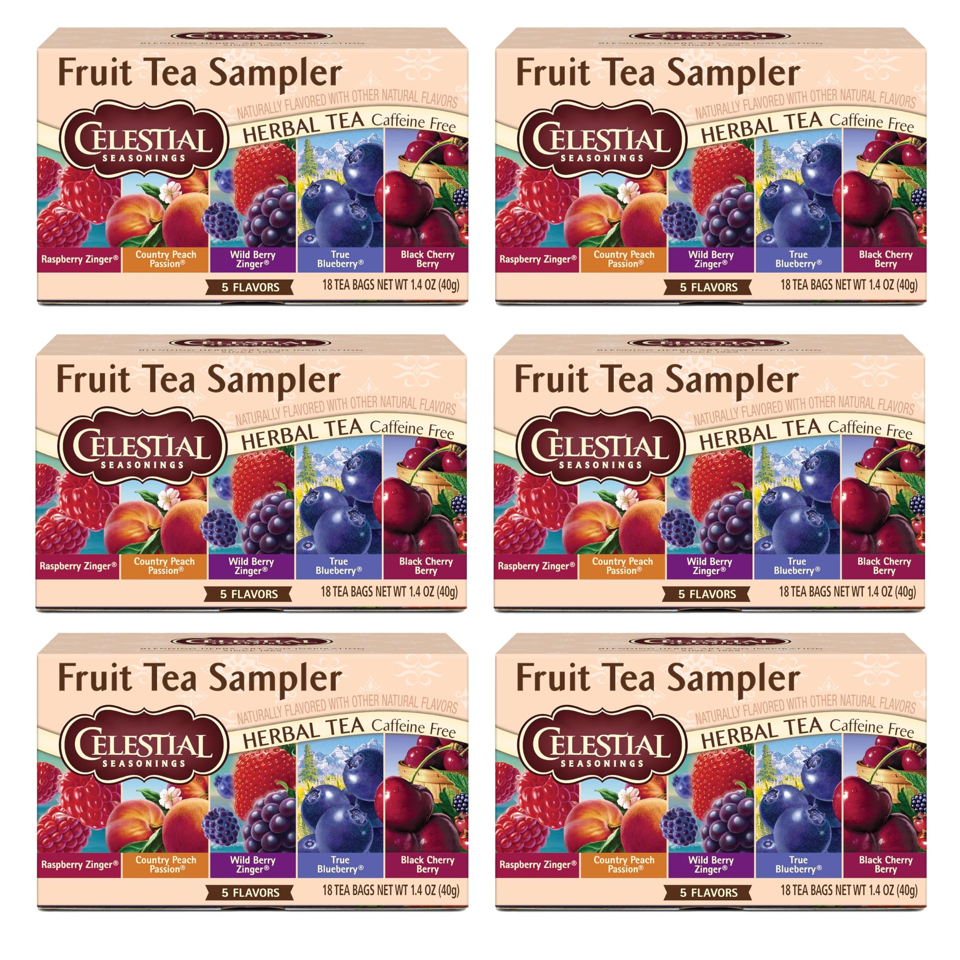 Celestial Seasonings Fruit Tea Sampler Herbal Variety Pack, Caffeine Free, 18 Tea Bags, Pack of 6, Black/Peach