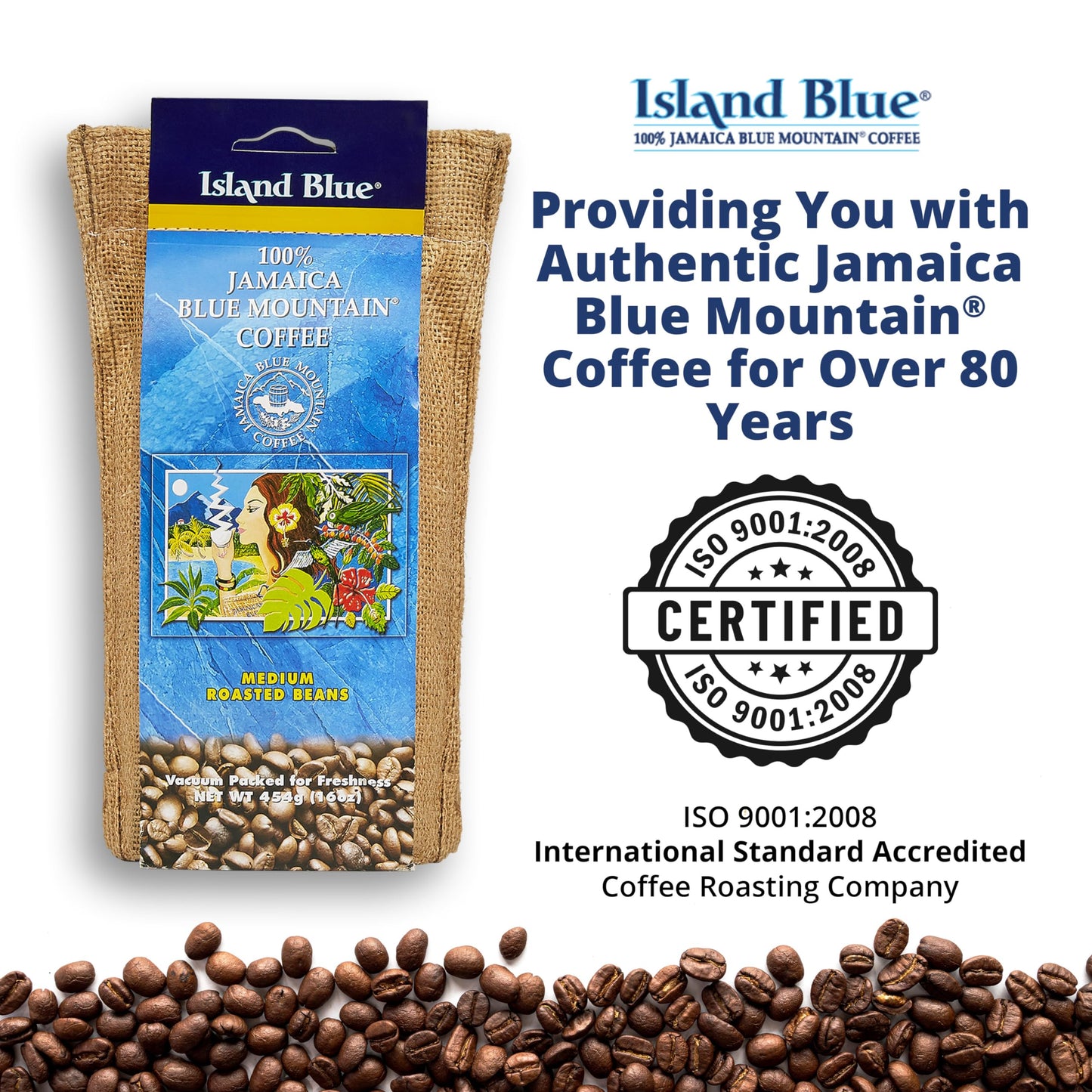 Island Blue 100% Jamaica Blue Mountain Whole Beans Coffee (16Oz)