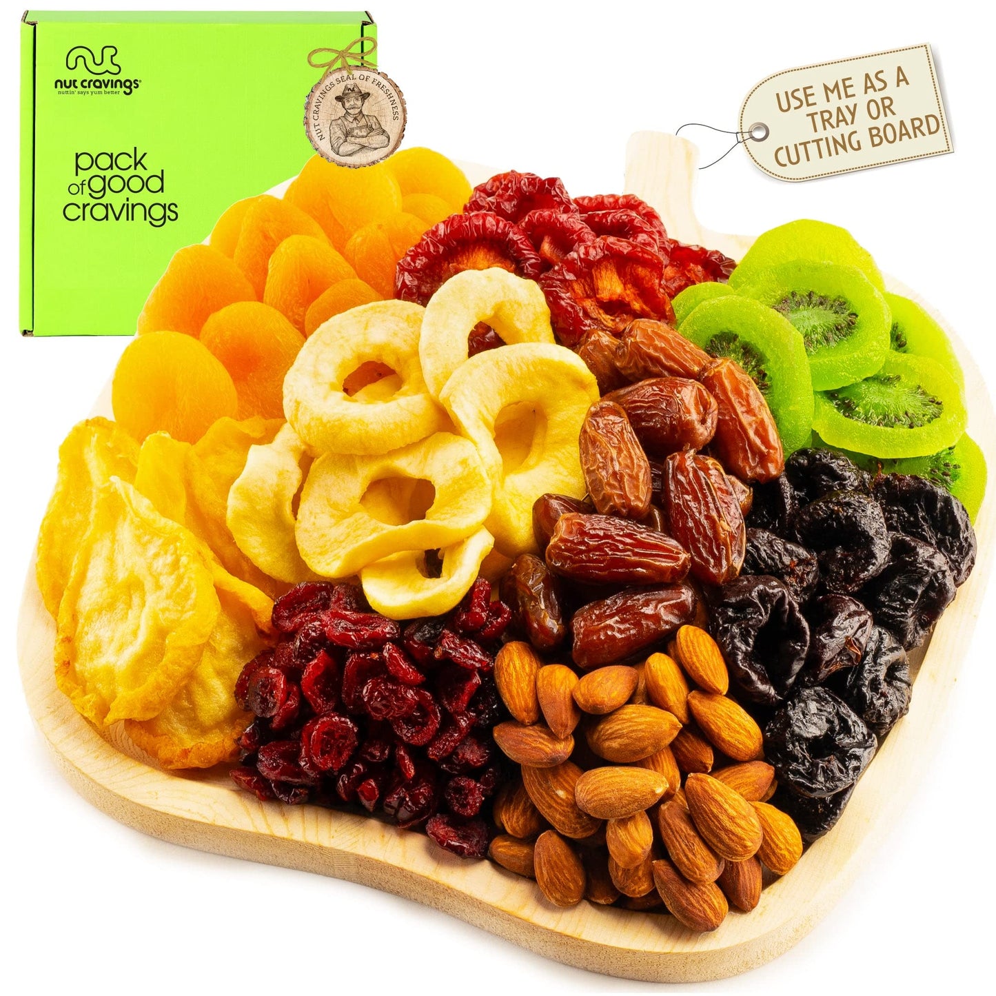 NUT CRAVINGS Gourmet Collection - Rosh Hashana & Shana Tova Dried Fruit & Mixed Nuts Gift Basket in Wooden Apple-Shaped Tray (9 