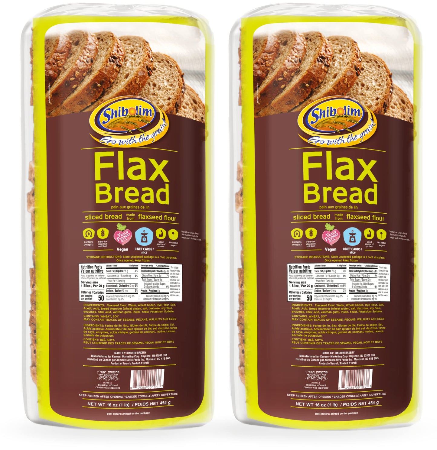 Shibolim FlaxSeed Bread 1lb (2 Pack) Low Carb, Zero Net Carbs Per Serving, Keto Friendly, Rich in Fiber & Protein, Vegan, Certif