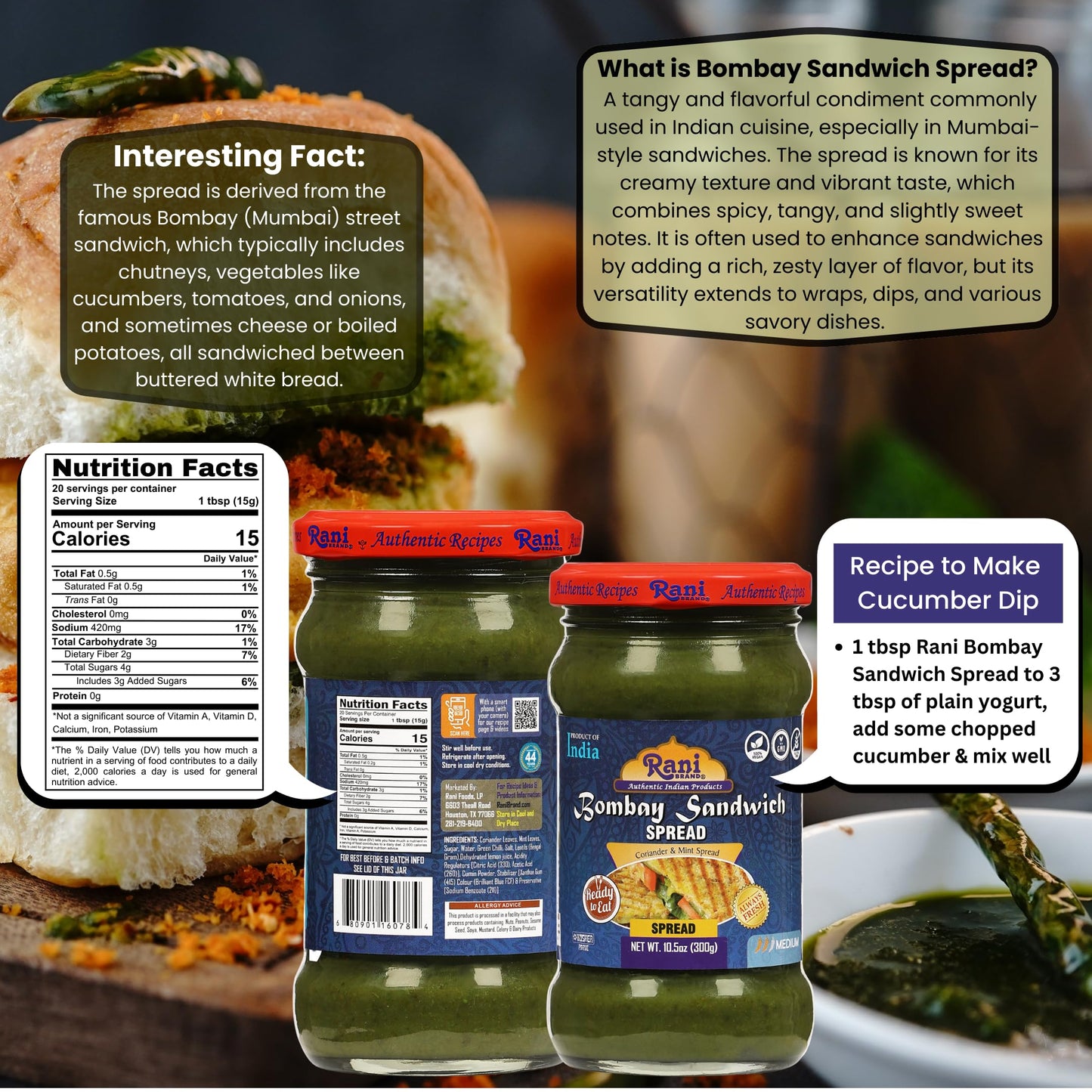 Rani Bombay Sandwich Spread, Mild (Mint & Coriander) 10.5Oz (300G) Glass Jar, Ready To Eat, Pack Of 5+1 Free ~ Vegan | Gluten Fr