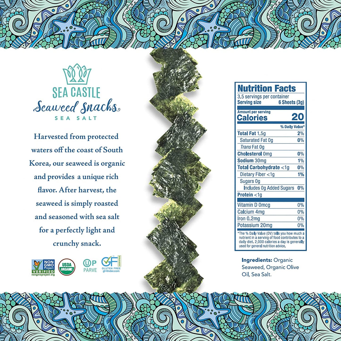 Sea Castle Organic Roasted Seaweed Snack with Sea Salt .18oz. (3 Pack) Gluten Free, Keto Friendly, Non GMO Verified, Kosher