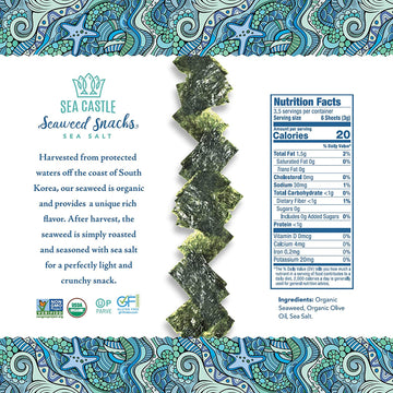 Sea Castle Organic Roasted Seaweed Snack with Sea Salt .18oz. (3 Pack) Gluten Free, Keto Friendly, Non GMO Verified, Kosher