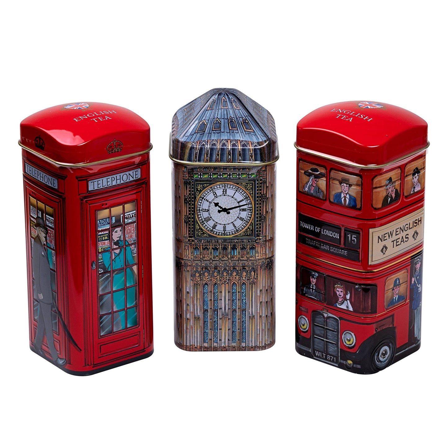 British Heritage 3x Tea Tins with 42 English Teabags (Big Ben, Red London Bus, Telephone Box)