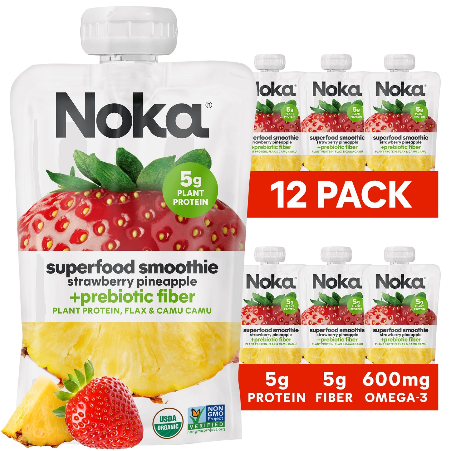 Noka Superfood Fruit Smoothie Pouches, Strawberry Pineapple, Healthy Snacks With Flax Seed, Prebiotic Fiber And Plant Protein, V
