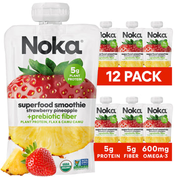 Noka Superfood Fruit Smoothie Pouches, Strawberry Pineapple, Healthy Snacks With Flax Seed, Prebiotic Fiber And Plant Protein, V