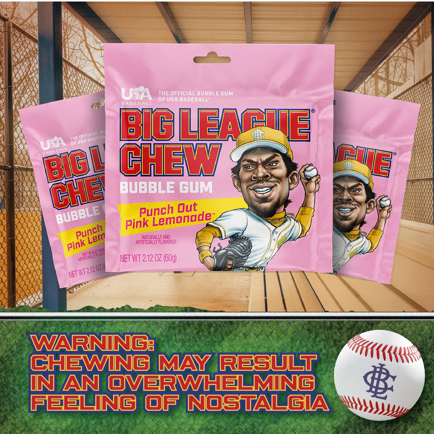 Big League Chew Pink Lemonade Bubble Gum 3-Pack - 2.12oz Packets - Softball Candy
