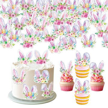 42Pcs Edible Easter Bunny Ear Cupcake Toppers Wafer Paper Happy Easter Cake Picks Easter Theme Birthday Party Spring Kids Cake D