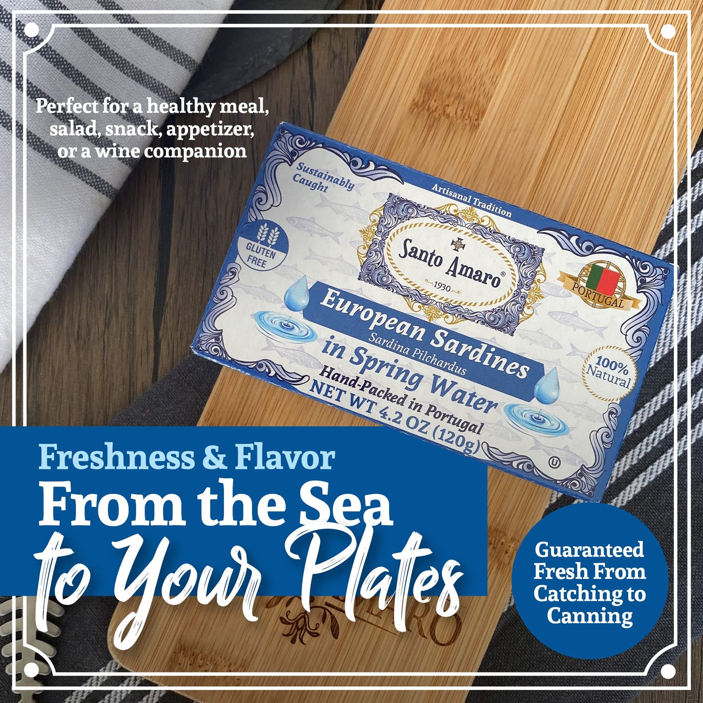 Santo Amaro - Authentic European Sardines in Water, Hand-Packed Canned Sardines Wild Caught Sardines in Water, Sea Salt, 140 Cal