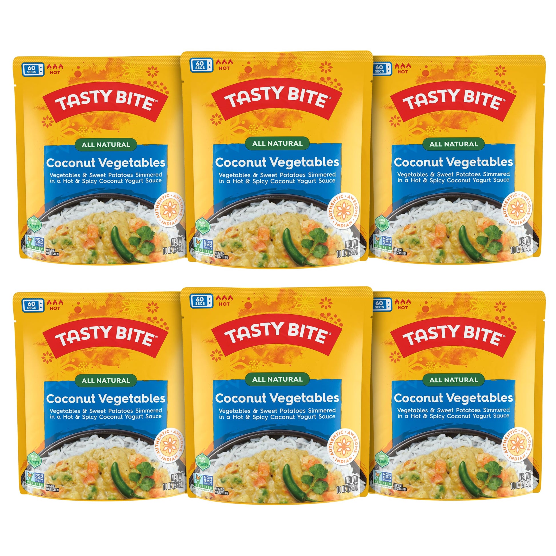 Tasty Bite Hot & Spicy Coconut Vegetables, 10 Ounce, Pack of 6, Ready to Eat, Microwavable Entree, Vegetarian, Packaging May Var