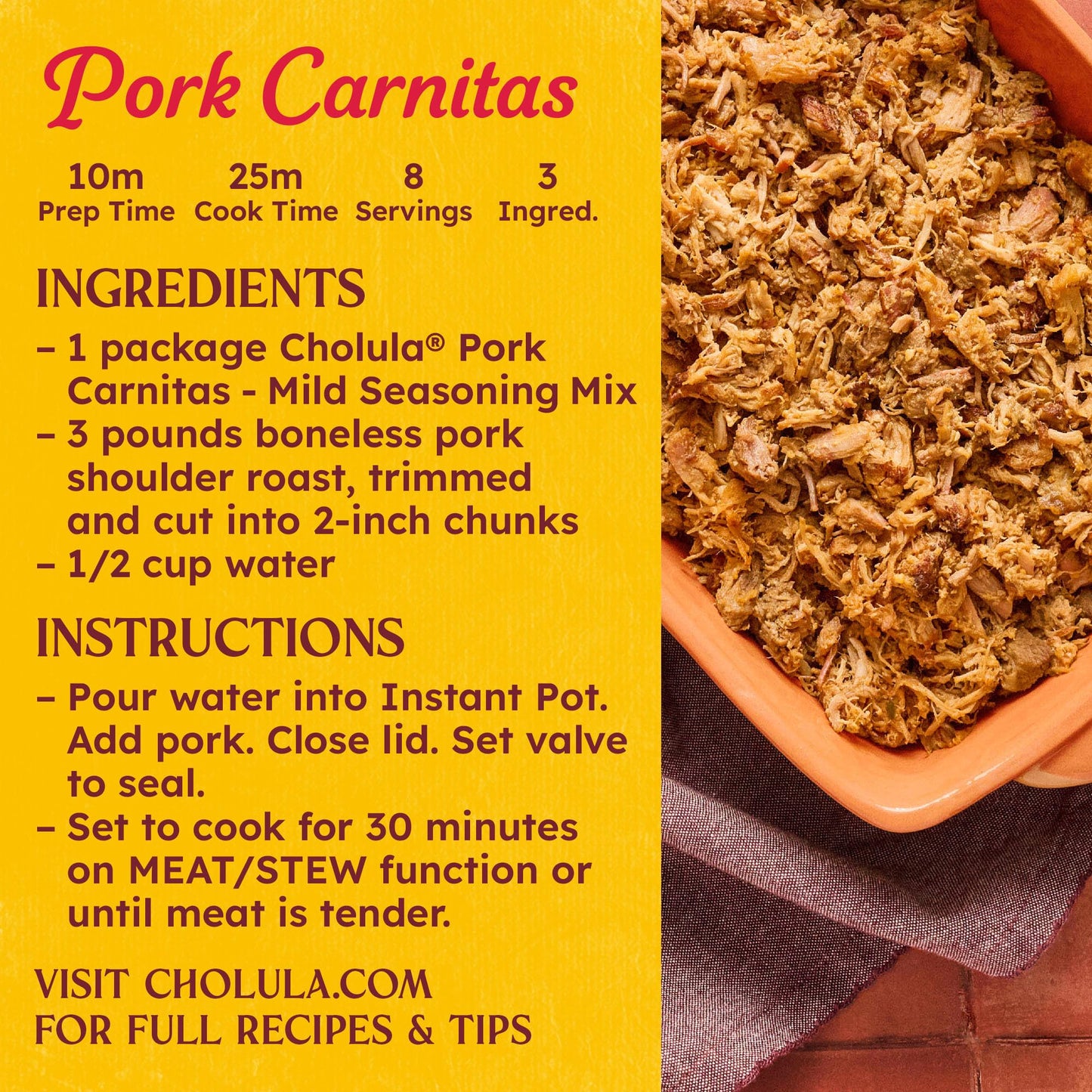 Cholula Seasoning Mix  Pork Carnitas  Mild Heat  For Tamales  Pulled Pork Tacos  Burrito Bowls  Dips and More  1.3 oz (Pack of 12)