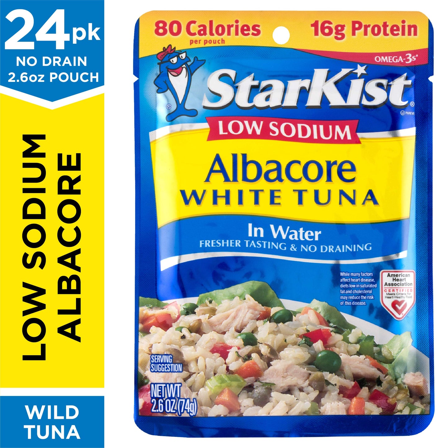 StarKist Low Sodium Albacore White Tuna in Water, 2.6 oz Pouch (24 Pack) Ready to Eat Wild Caught Tuna, 17g Protein, 80 Calories