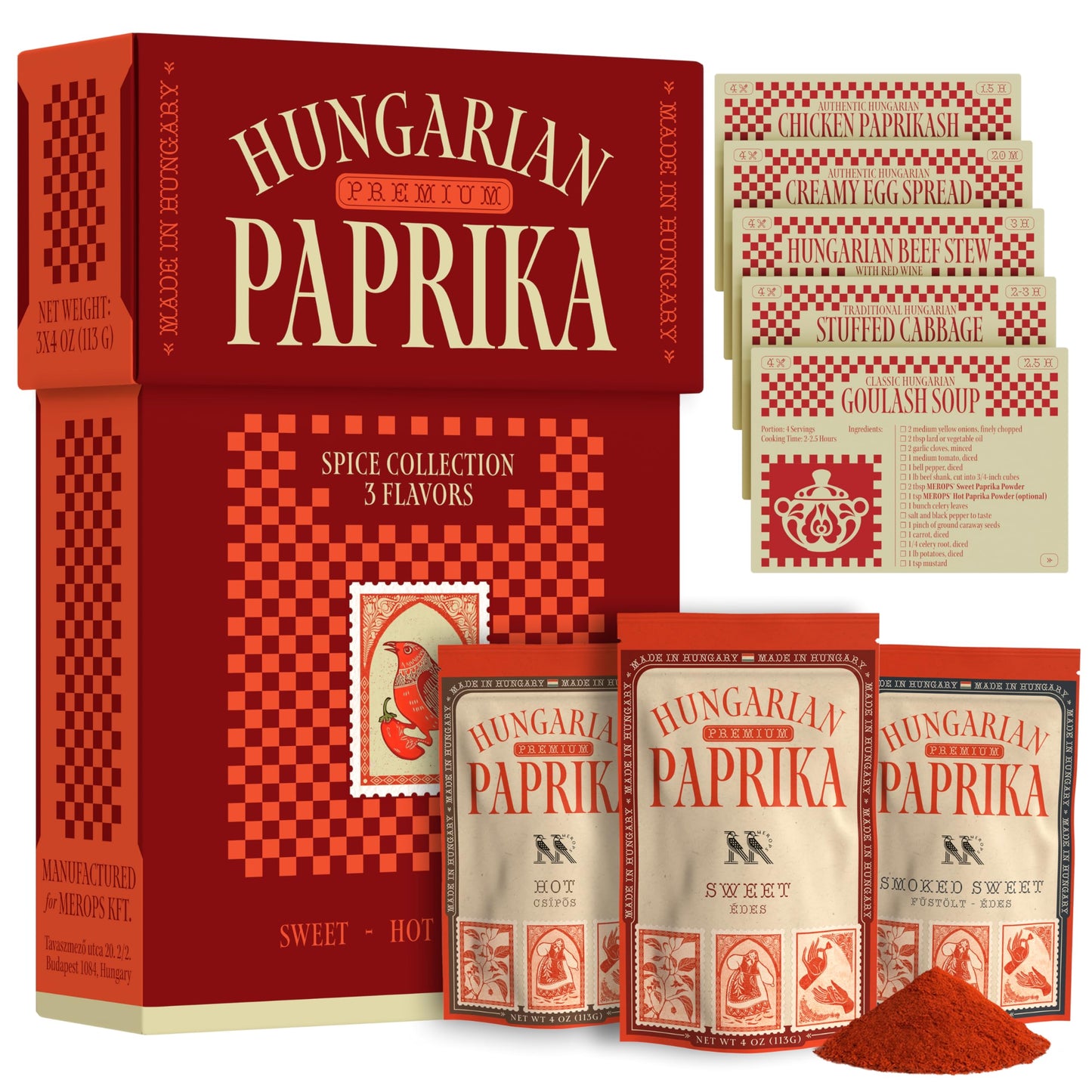 Enhanced Hungarian Paprika Spice Collection Gift Set – Sweet, Smoked & Hot (3 X 4 Oz) - Five Traditional Hungarian Recipe Cards – Non-Gmo – Authentic Seasoning Spice In Resealable Bags By Merops